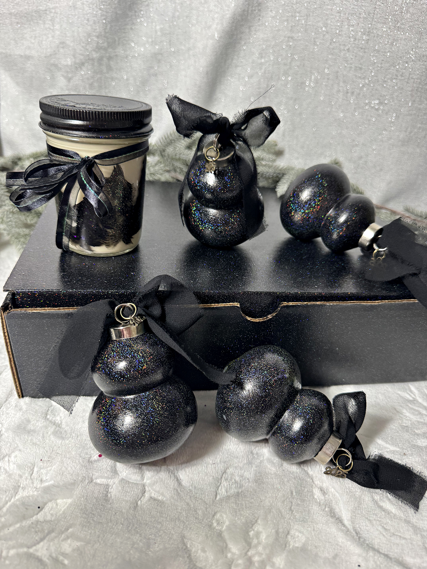 Black iridescent ornaments set of 4